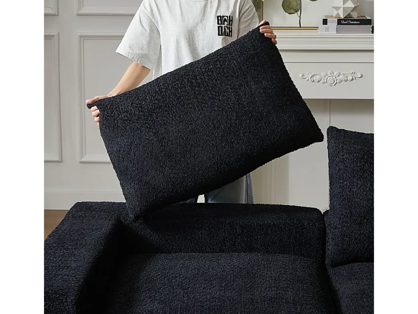 Sofá de Canto Modular 3 Lugares, com Chaise Longue Curva Reversível, 3 Almofadas e Almofadas Cervicais, Tecido Chenille, Preto