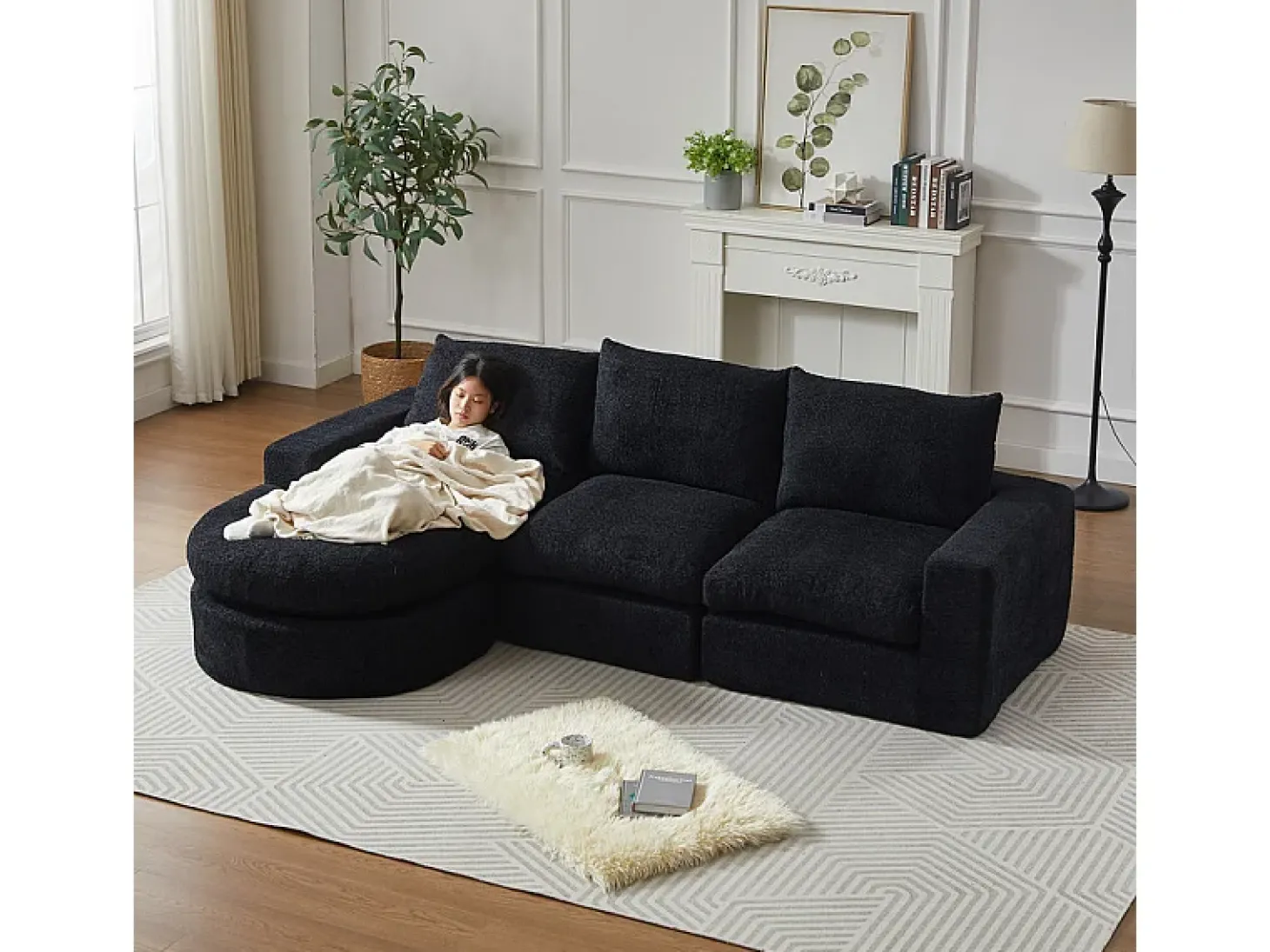 Sofá de Canto Modular 3 Lugares, com Chaise Longue Curva Reversível, 3 Almofadas e Almofadas Cervicais, Tecido Chenille, Preto
