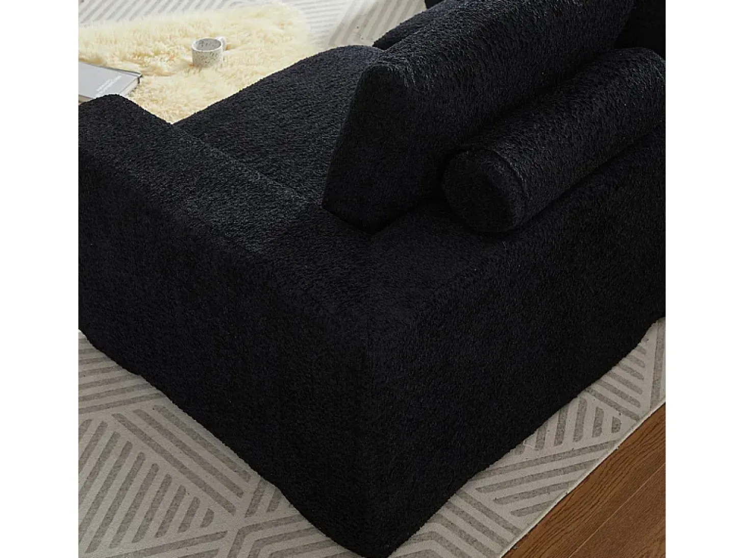 Sofá de Canto Modular 3 Lugares, com Chaise Longue Curva Reversível, 3 Almofadas e Almofadas Cervicais, Tecido Chenille, Preto