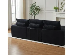 Sofá de Canto Modular 3 Lugares, com Chaise Longue Curva Reversível, 3 Almofadas e Almofadas Cervicais, Tecido Chenille, Preto