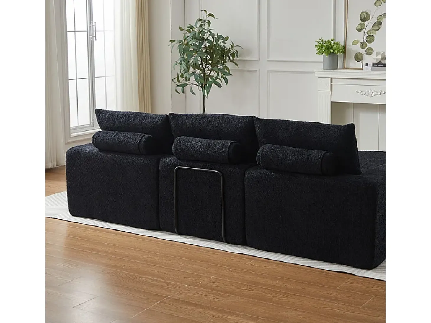 Sofá de Canto Modular 3 Lugares, com Chaise Longue Curva Reversível, 3 Almofadas e Almofadas Cervicais, Tecido Chenille, Preto