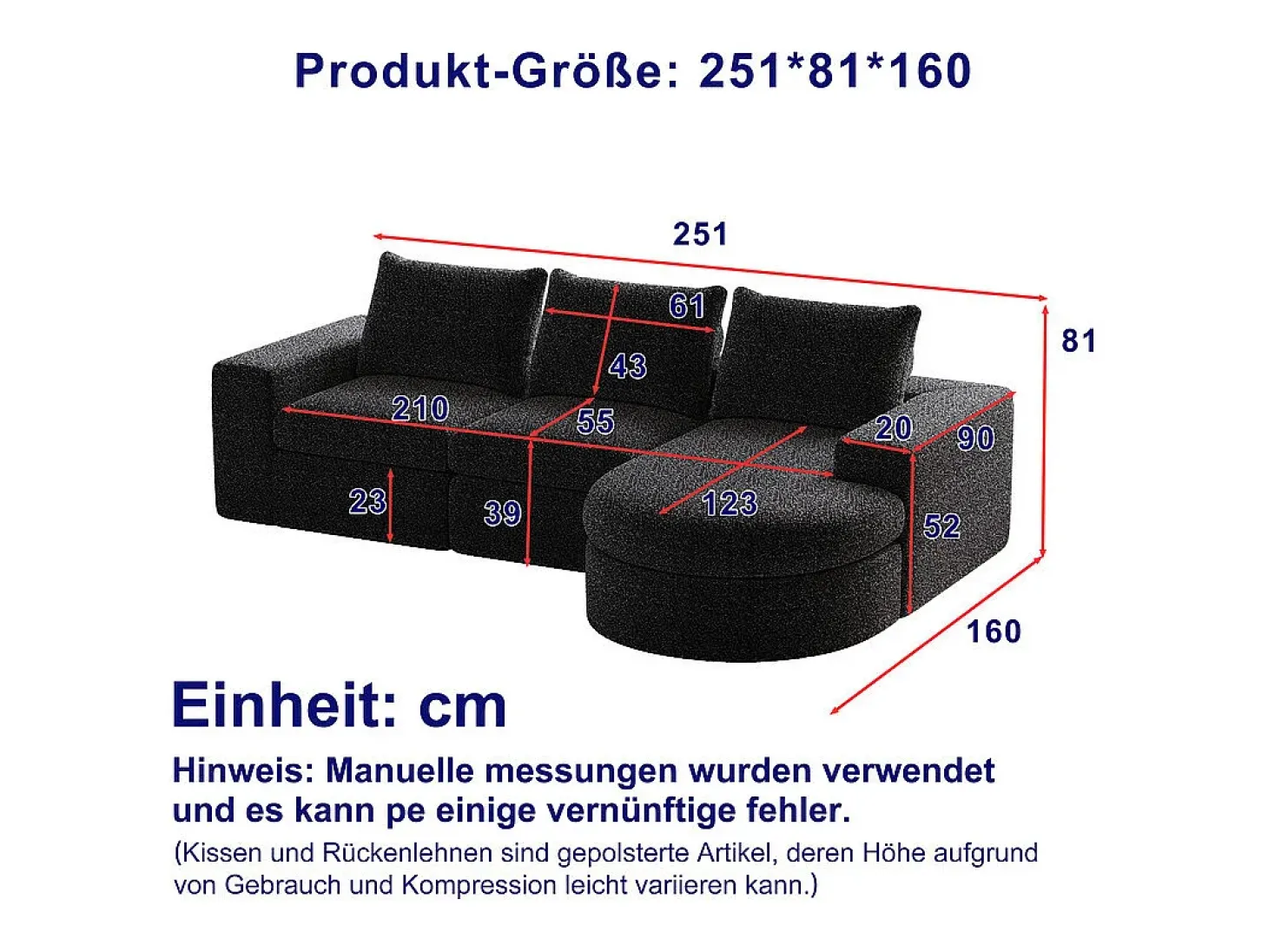 Sofá de Canto Modular 3 Lugares, com Chaise Longue Curva Reversível, 3 Almofadas e Almofadas Cervicais, Tecido Chenille, Preto