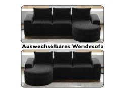 Sofá de Canto Modular 3 Lugares, com Chaise Longue Curva Reversível, 3 Almofadas e Almofadas Cervicais, Tecido Chenille, Preto