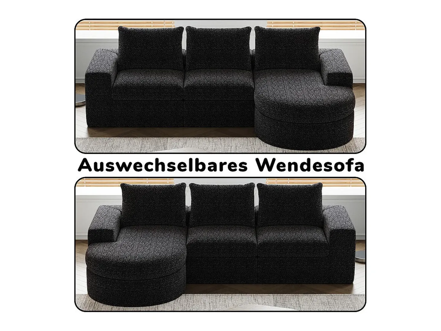 Sofá de Canto Modular 3 Lugares, com Chaise Longue Curva Reversível, 3 Almofadas e Almofadas Cervicais, Tecido Chenille, Preto
