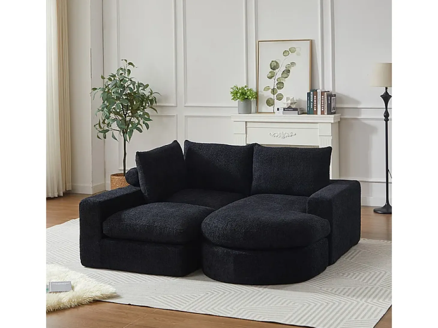Sofá de Canto Modular 3 Lugares, com Chaise Longue Curva Reversível, 3 Almofadas e Almofadas Cervicais, Tecido Chenille, Preto