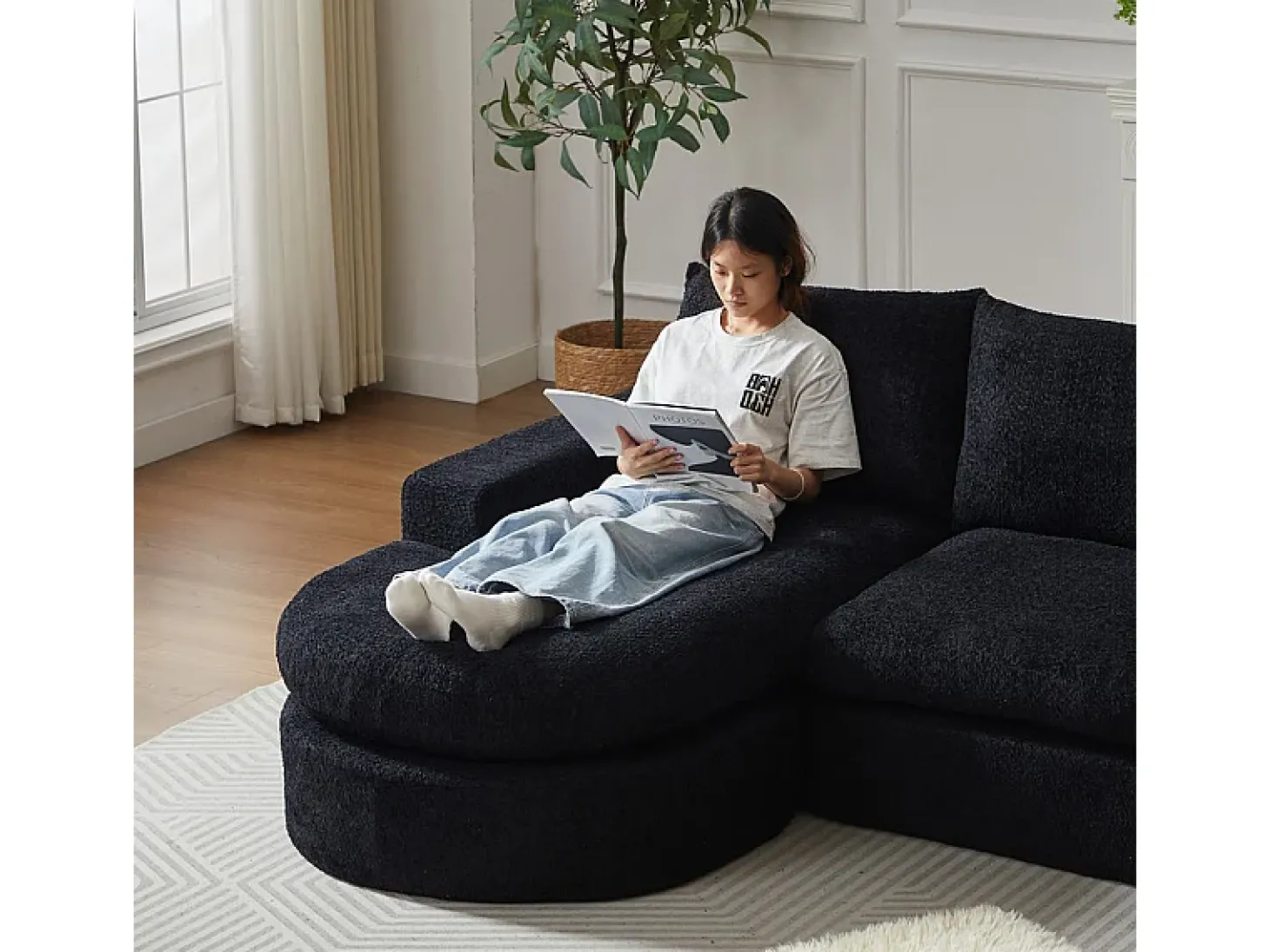 Sofá de Canto Modular 3 Lugares, com Chaise Longue Curva Reversível, 3 Almofadas e Almofadas Cervicais, Tecido Chenille, Preto