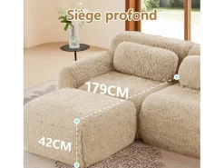 Sofá de Canto Modular 3 lugares em tecido peluche, com puff e 3 almofadas, 291x179x73cm, Caqui