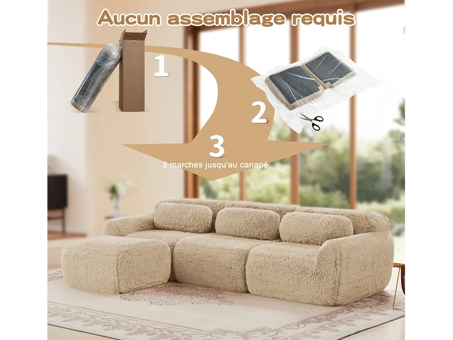 Sofá de Canto Modular 3 lugares em tecido peluche, com puff e 3 almofadas, 291x179x73cm, Caqui