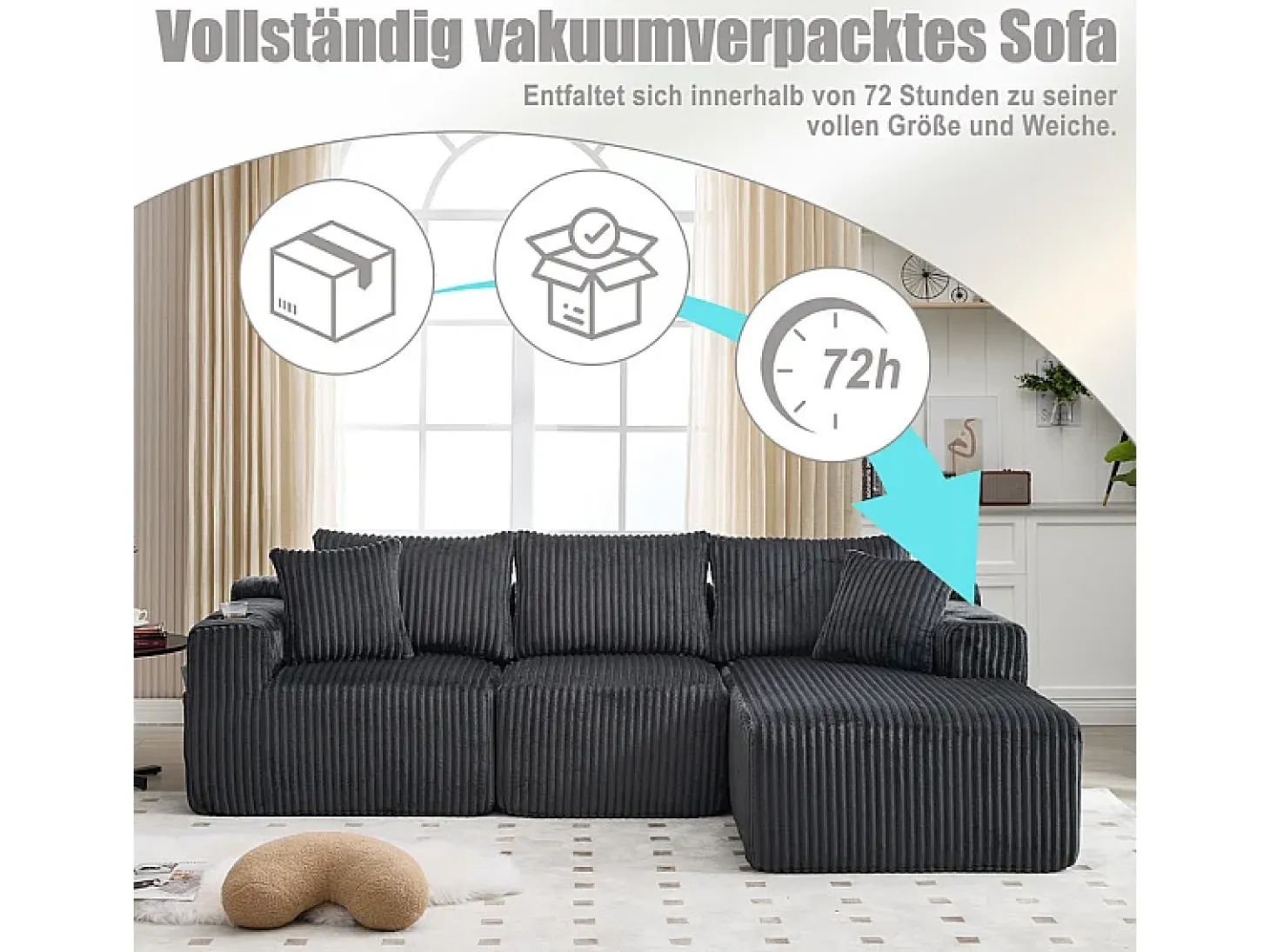 Sofá de Canto Modular 3 Lugares, de Veludo Cotelê, com Porta-copos, Almofadas e Bolsos Laterais, Chaise Longue 118cm, Cinza