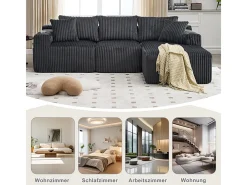 Sofá de Canto Modular 3 Lugares, de Veludo Cotelê, com Porta-copos, Almofadas e Bolsos Laterais, Chaise Longue 118cm, Cinza