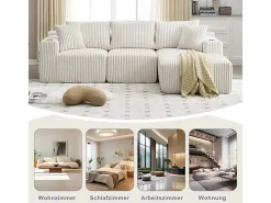 Sofá de Canto Modular 3 Lugares, de Veludo Cotelê, com Porta-copos, Almofadas e Bolsos Laterais, Chaise Longue 118cm, Bege