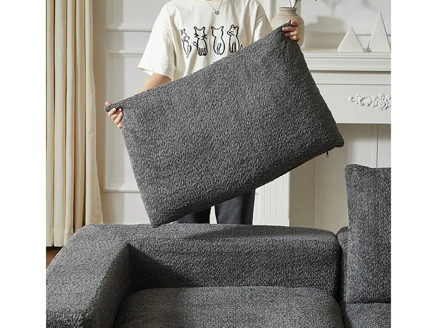 Sofá de Canto Modular 3 Lugares, com Chaise Longue Curva Reversível, 3 Almofadas e Almofadas Cervicais, Tecido Chenille, Cinza