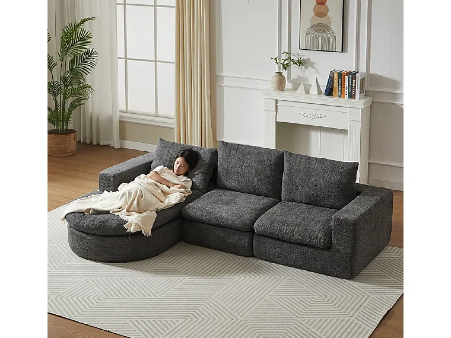 Sofá de Canto Modular 3 Lugares, com Chaise Longue Curva Reversível, 3 Almofadas e Almofadas Cervicais, Tecido Chenille, Cinza
