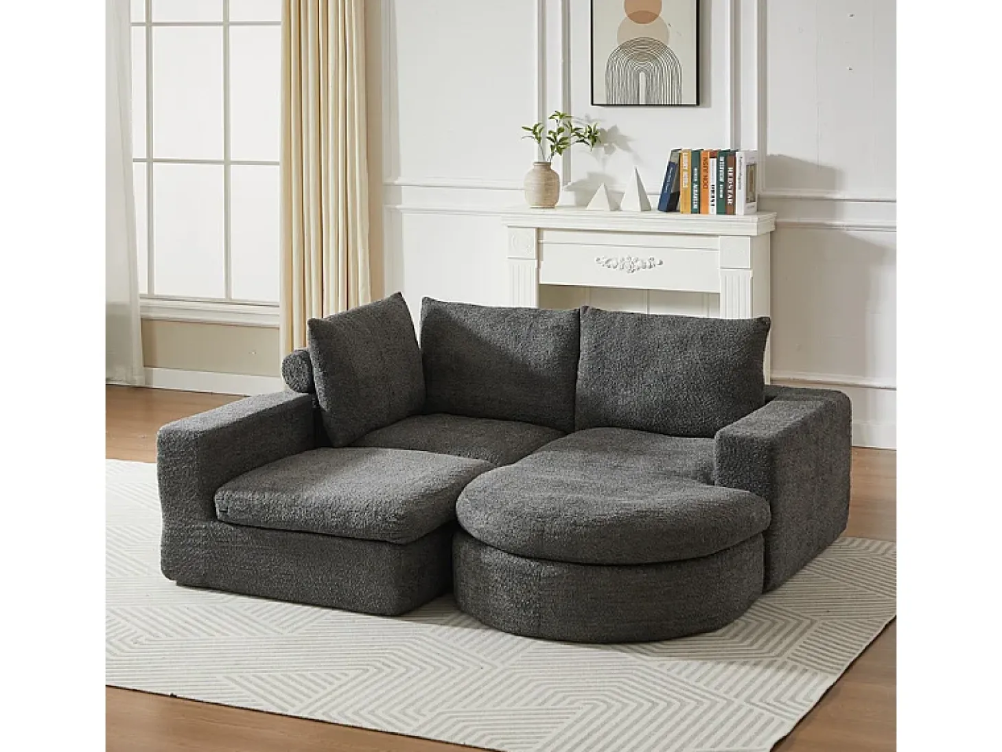 Sofá de Canto Modular 3 Lugares, com Chaise Longue Curva Reversível, 3 Almofadas e Almofadas Cervicais, Tecido Chenille, Cinza