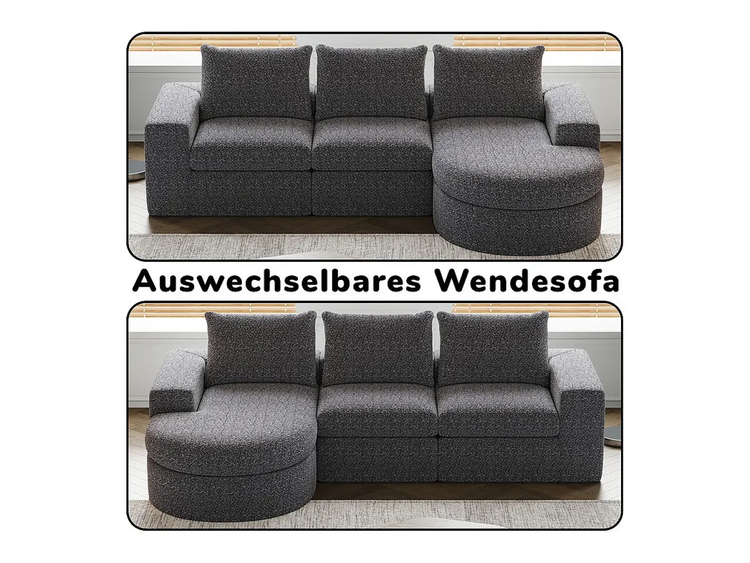 Sofá de Canto Modular 3 Lugares, com Chaise Longue Curva Reversível, 3 Almofadas e Almofadas Cervicais, Tecido Chenille, Cinza