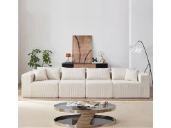 Sofá de canto modular - Veludo canelado - 3/4 lugares - 3 almofadas e 3 travesseiros - Bege