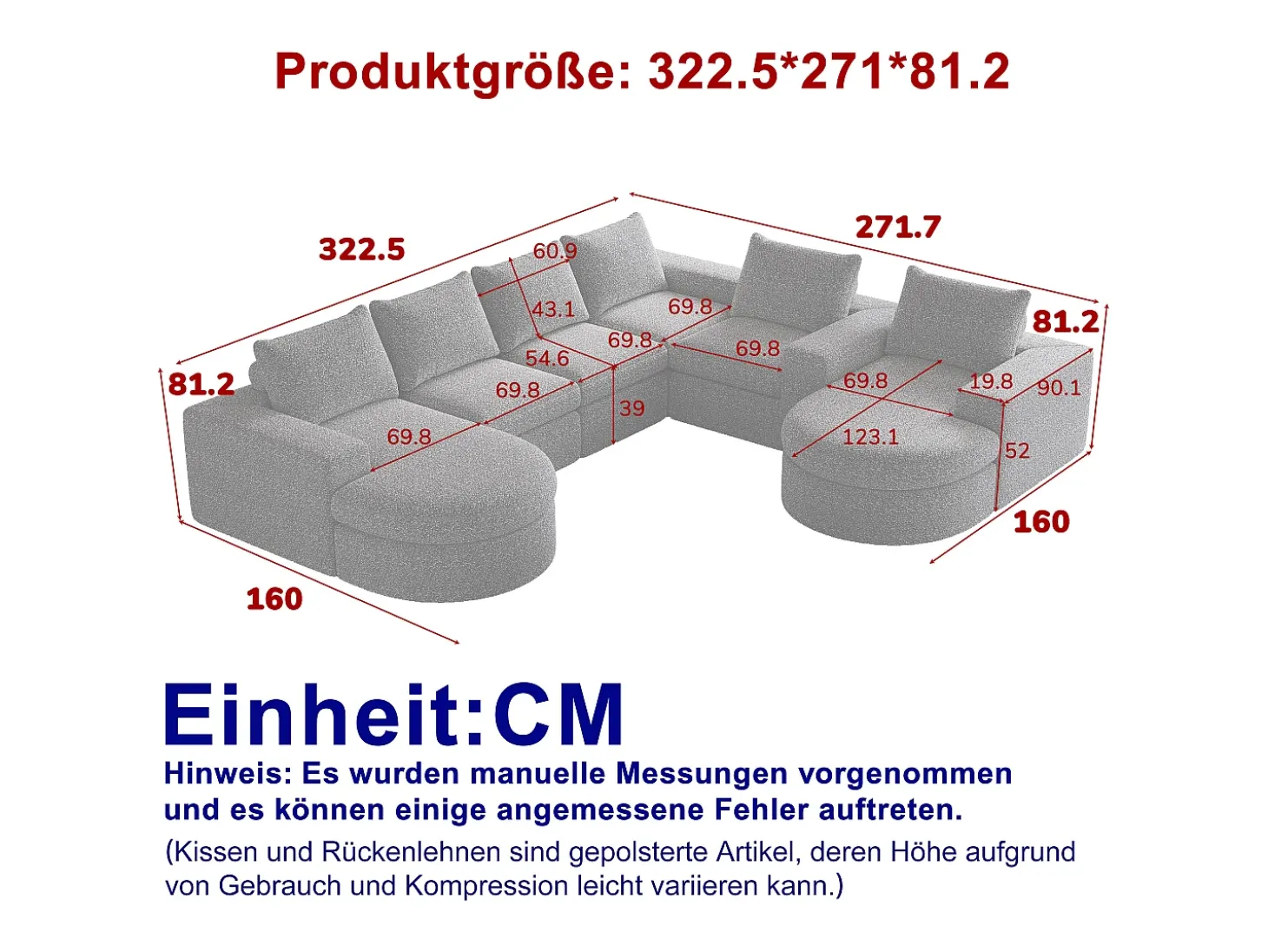 Sofá de canto modular de 6 lugares com chaise longue - Tecido chenille bege - Não necessita de montagem