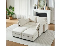 Sofá de canto modular de 6 lugares com 6 compartimentos de arrumação - Tecido chenille bege
