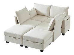 Sofá de canto modular de 6 lugares com 6 compartimentos de arrumação - Tecido chenille bege