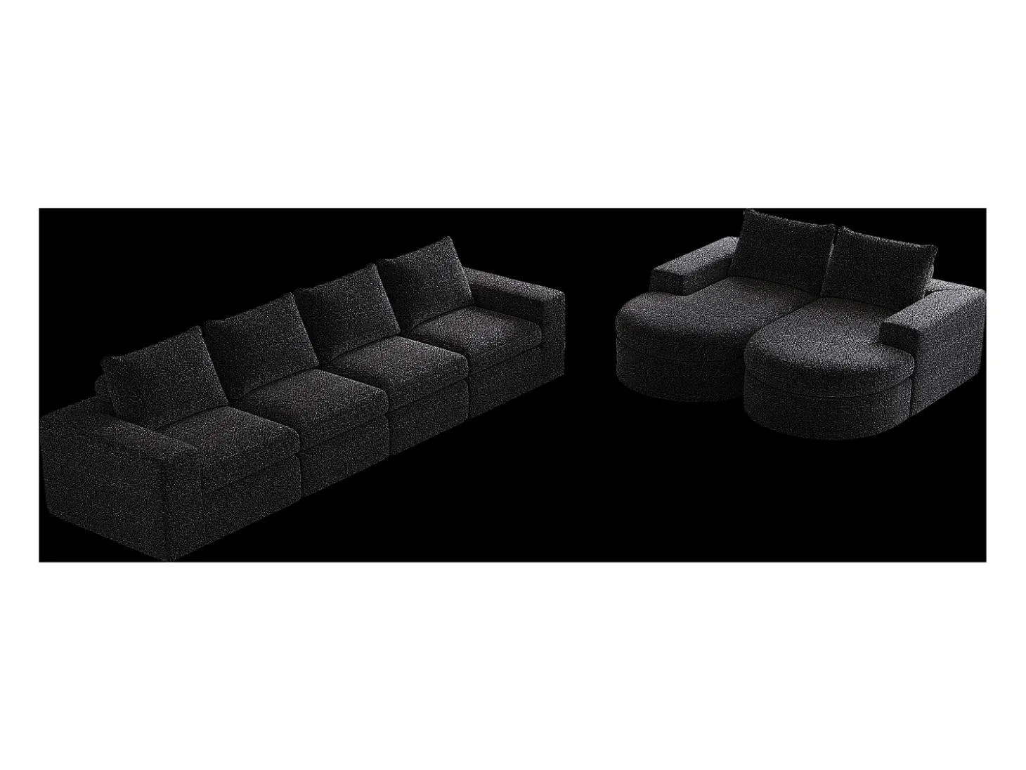 Sofá de canto modular de 6 lugares com chaise longue - Tecido chenille preto - Não necessita de montagem