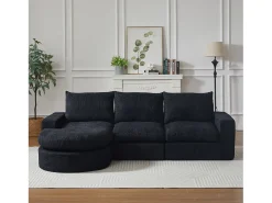 Sofá de canto modular de 6 lugares com chaise longue - Tecido chenille preto - Não necessita de montagem