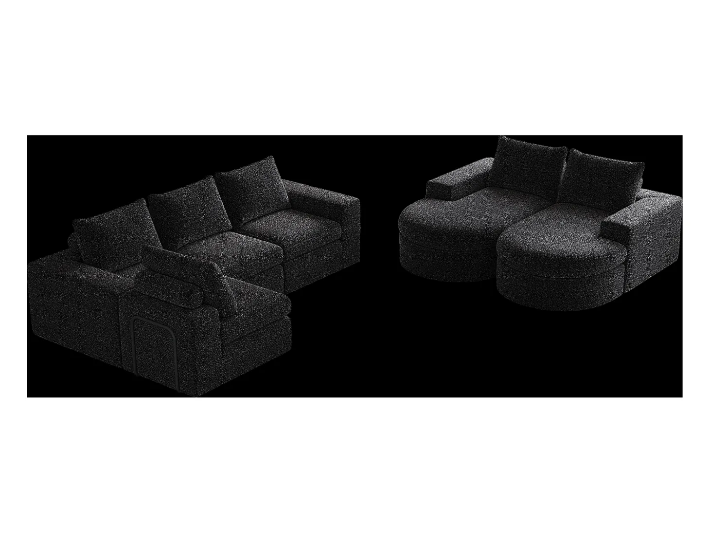 Sofá de canto modular de 6 lugares com chaise longue - Tecido chenille preto - Não necessita de montagem