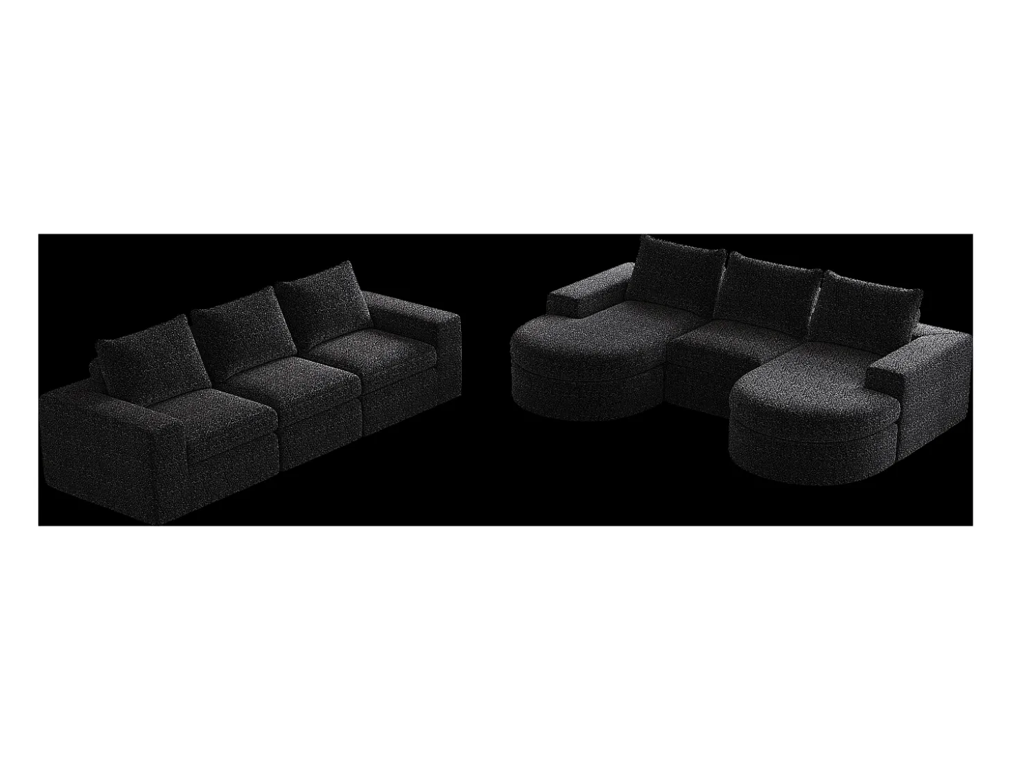 Sofá de canto modular de 6 lugares com chaise longue - Tecido chenille preto - Não necessita de montagem