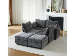 Sofá de canto modular de 6 lugares com 6 compartimentos de arrumação - Tecido chenille cinzento