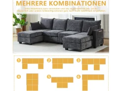Sofá de canto modular de 6 lugares com 6 compartimentos de arrumação - Tecido chenille cinzento