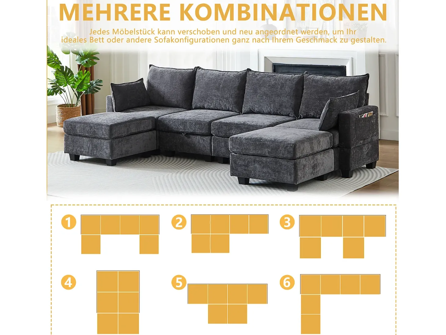 Sofá de canto modular de 6 lugares com 6 compartimentos de arrumação - Tecido chenille cinzento