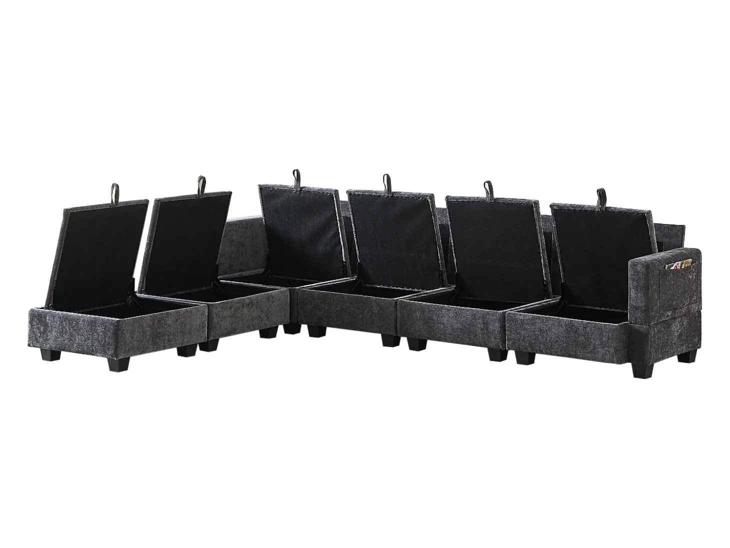 Sofá de canto modular de 6 lugares com 6 compartimentos de arrumação - Tecido chenille cinzento