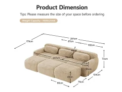 Sofá de Canto Modular em tecido peluche, com 3 puffs e 3 almofadas, 291x179x73cm, Caqui