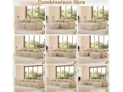 Sofá de Canto Modular em tecido peluche, com puff e 4 almofadas, sem estrutura, 378x179x73cm, Caqui