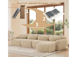 Sofá de Canto Modular em tecido peluche, com puff e 4 almofadas, sem estrutura, 378x179x73cm, Caqui