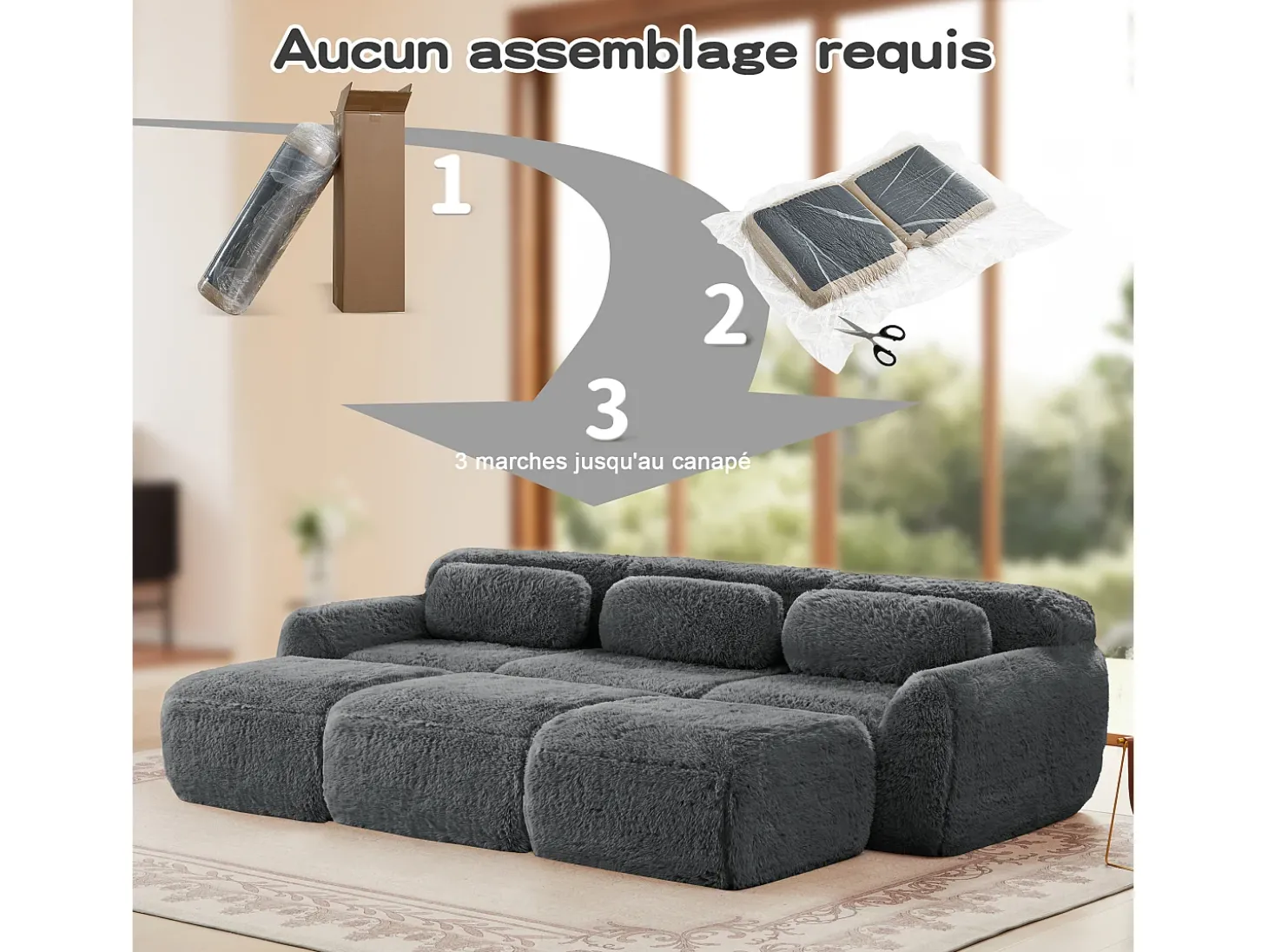 Sofá de Canto Modular em tecido peluche, com 3 puffs e 3 almofadas, 291x179x73cm, Cinza