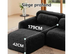 Sofá de Canto Modular em tecido peluche, com 2 puffs e 2 almofadas, 204x179x73cm, Preto