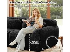 Sofá de Canto Modular em tecido peluche, com 2 puffs e 2 almofadas, 204x179x73cm, Preto