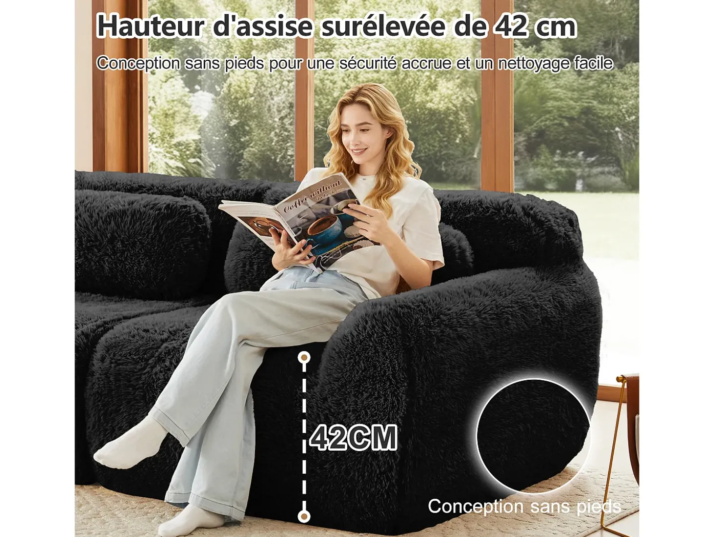 Sofá de Canto Modular em tecido peluche, com 2 puffs e 2 almofadas, 204x179x73cm, Preto