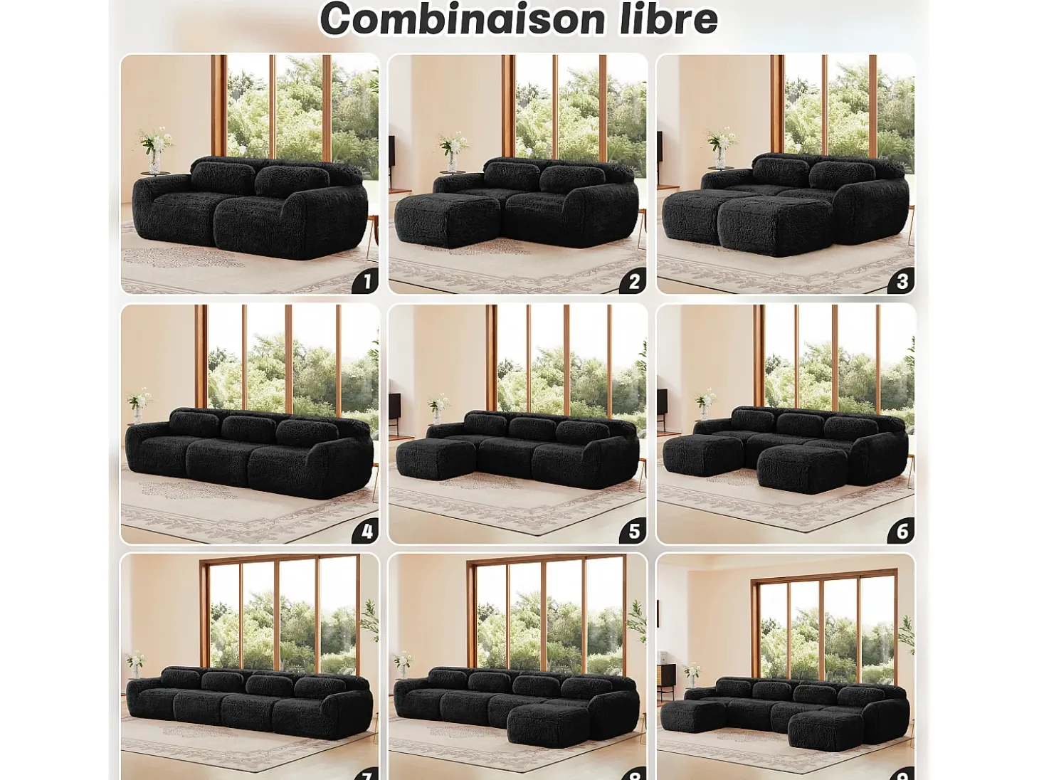 Sofá de Canto Modular em tecido peluche, com 2 puffs e 2 almofadas, 204x179x73cm, Preto