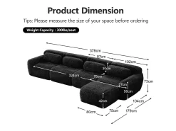 Sofá de Canto Modular em tecido peluche, com puff e 4 almofadas, sem estrutura, 378x179x73cm, Preto