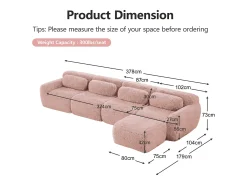 Sofá de Canto Modular em tecido peluche, com puff e 4 almofadas, sem estrutura, 378x179x73cm, Rosa