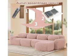 Sofá de Canto Modular em tecido peluche, com puff e 4 almofadas, sem estrutura, 378x179x73cm, Rosa
