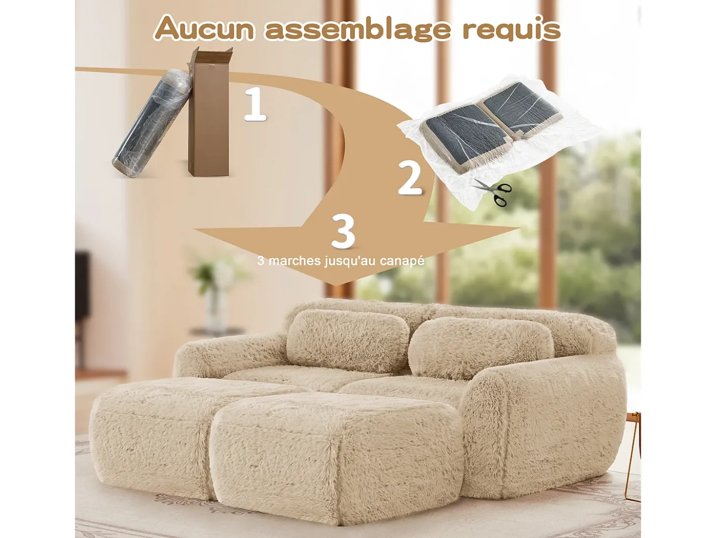 Sofá de Canto Modular em tecido peluche, com 2 puffs e 2 almofadas, 204x179x73cm, Caqui