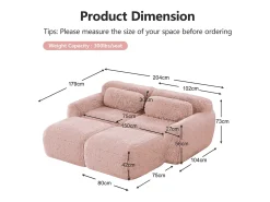 Sofá de Canto Modular em tecido peluche, com 2 puffs e 2 almofadas, 204x179x73cm, Rosa