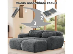 Sofá de Canto Modular em tecido peluche, com 2 puffs e 2 almofadas, 204x179x73cm, Cinza