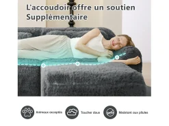 Sofá de Canto Modular em tecido peluche, com 2 puffs e 2 almofadas, 204x179x73cm, Cinza