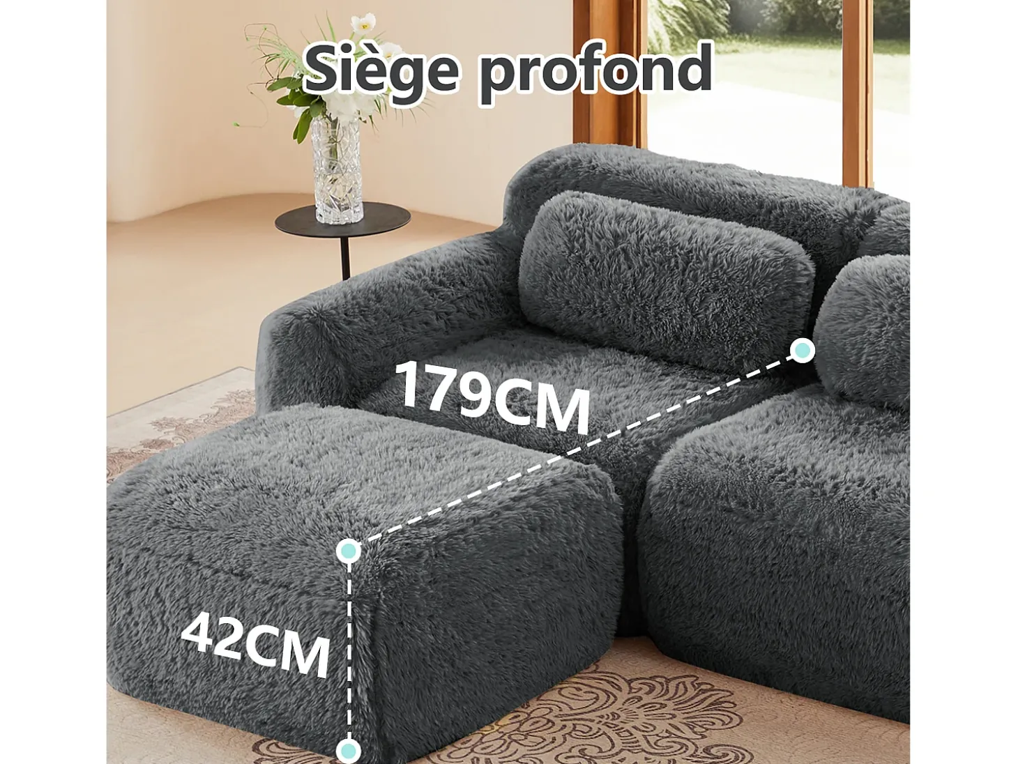 Sofá de Canto Modular em tecido peluche, com 2 puffs e 2 almofadas, 204x179x73cm, Cinza