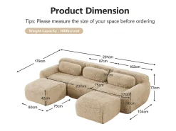 Sofá de Canto Modular em tecido peluche, com 2 puffs e 3 almofadas, 291x179x73cm, Caqui