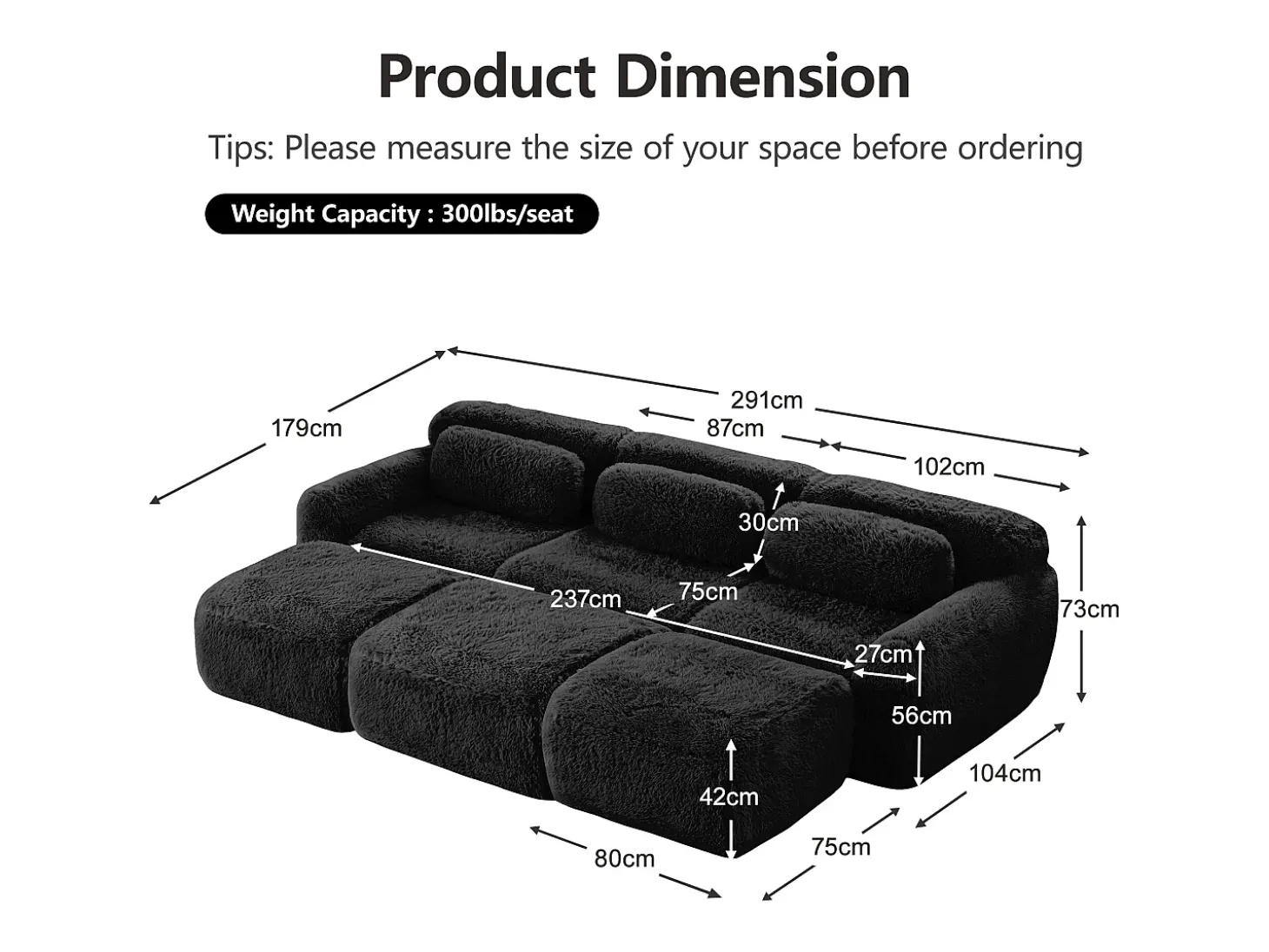 Sofá de Canto Modular em tecido peluche, com 3 puffs e 3 almofadas, 291x179x73cm, Preto