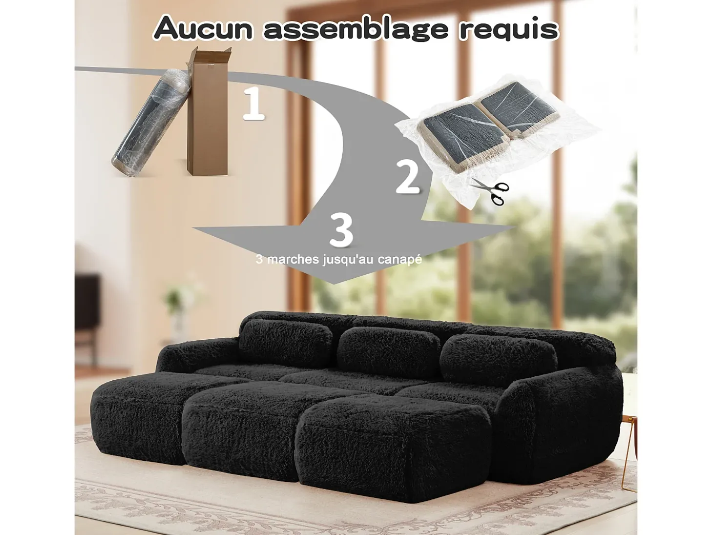 Sofá de Canto Modular em tecido peluche, com 3 puffs e 3 almofadas, 291x179x73cm, Preto